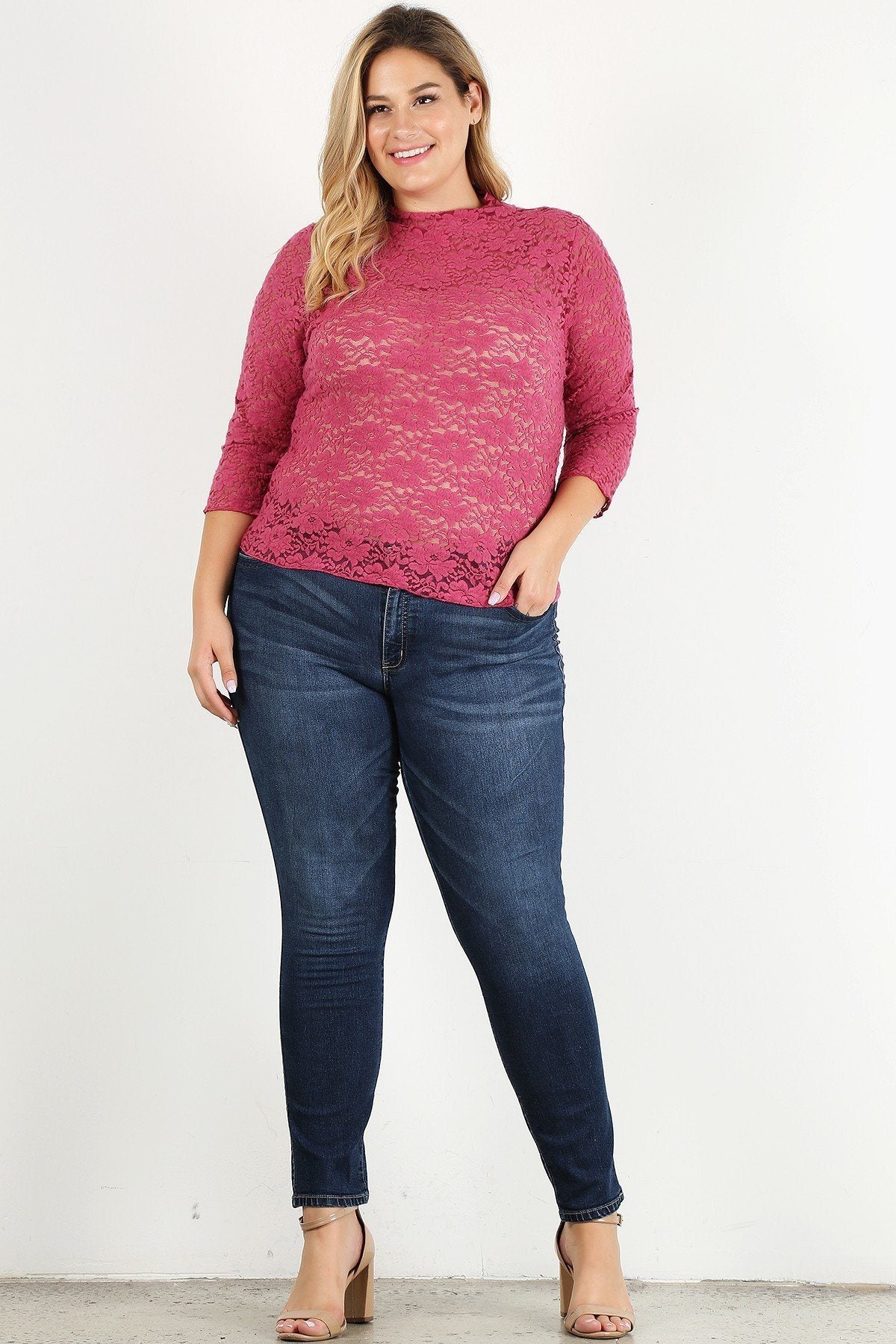 Plus Size Sheer Lace Fitted Top