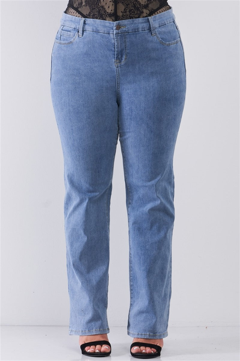 Plus Mid-wash Blue Denim Low-rise Wide-leg Upsized Basic Mom Jeans