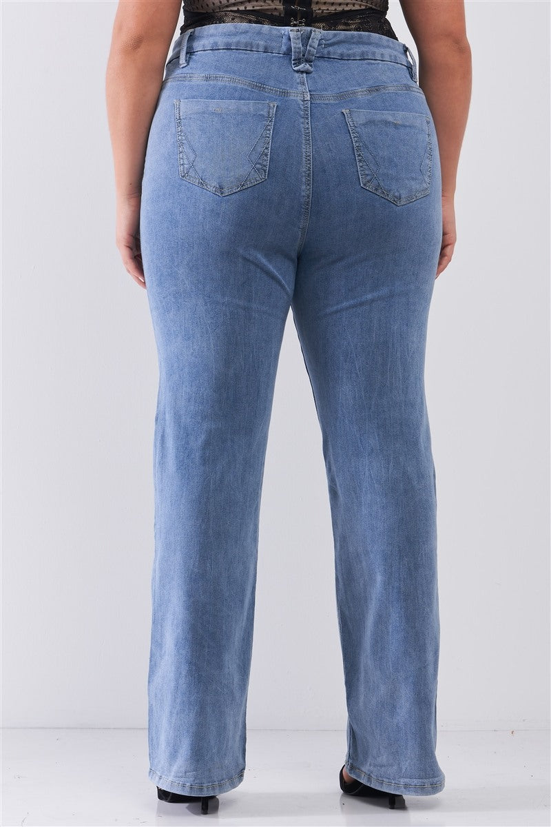 Plus Mid-wash Blue Denim Low-rise Wide-leg Upsized Basic Mom Jeans