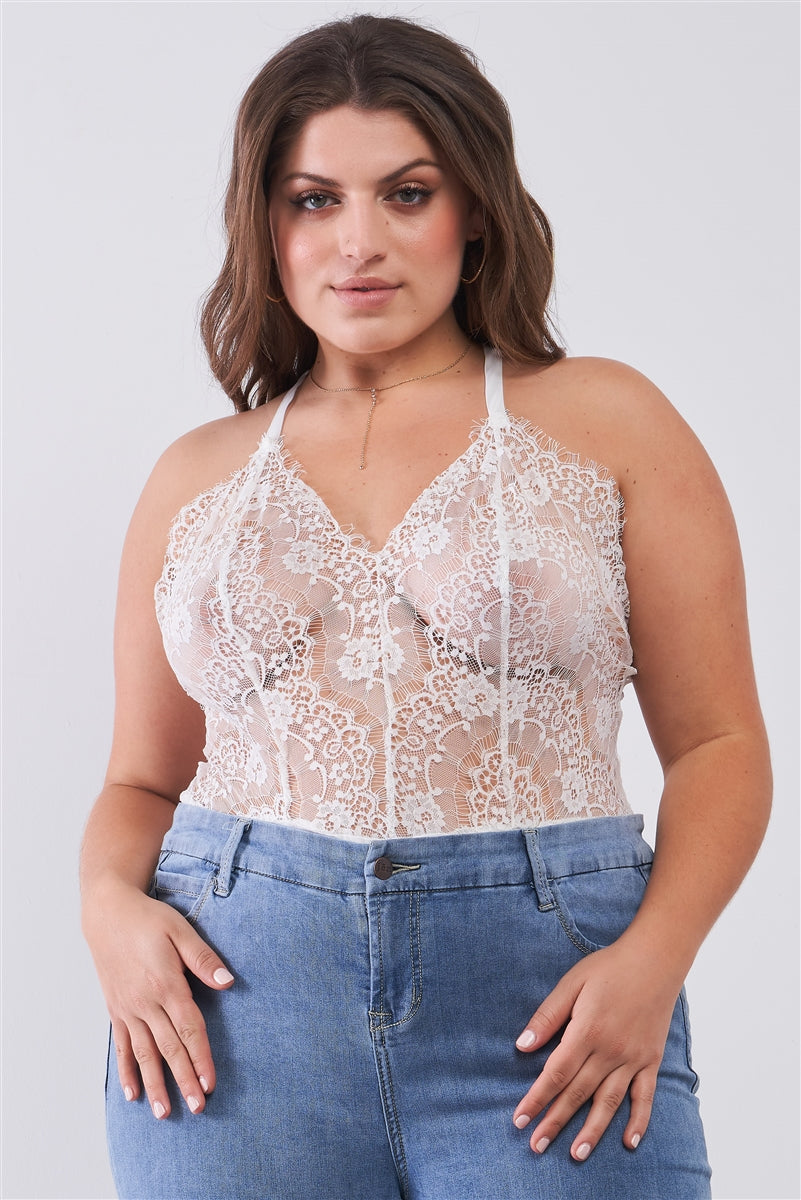 Body en Dentelle Transparente de Grande Taille sans Manches à Col en V et Bretelles Croisées au Dos