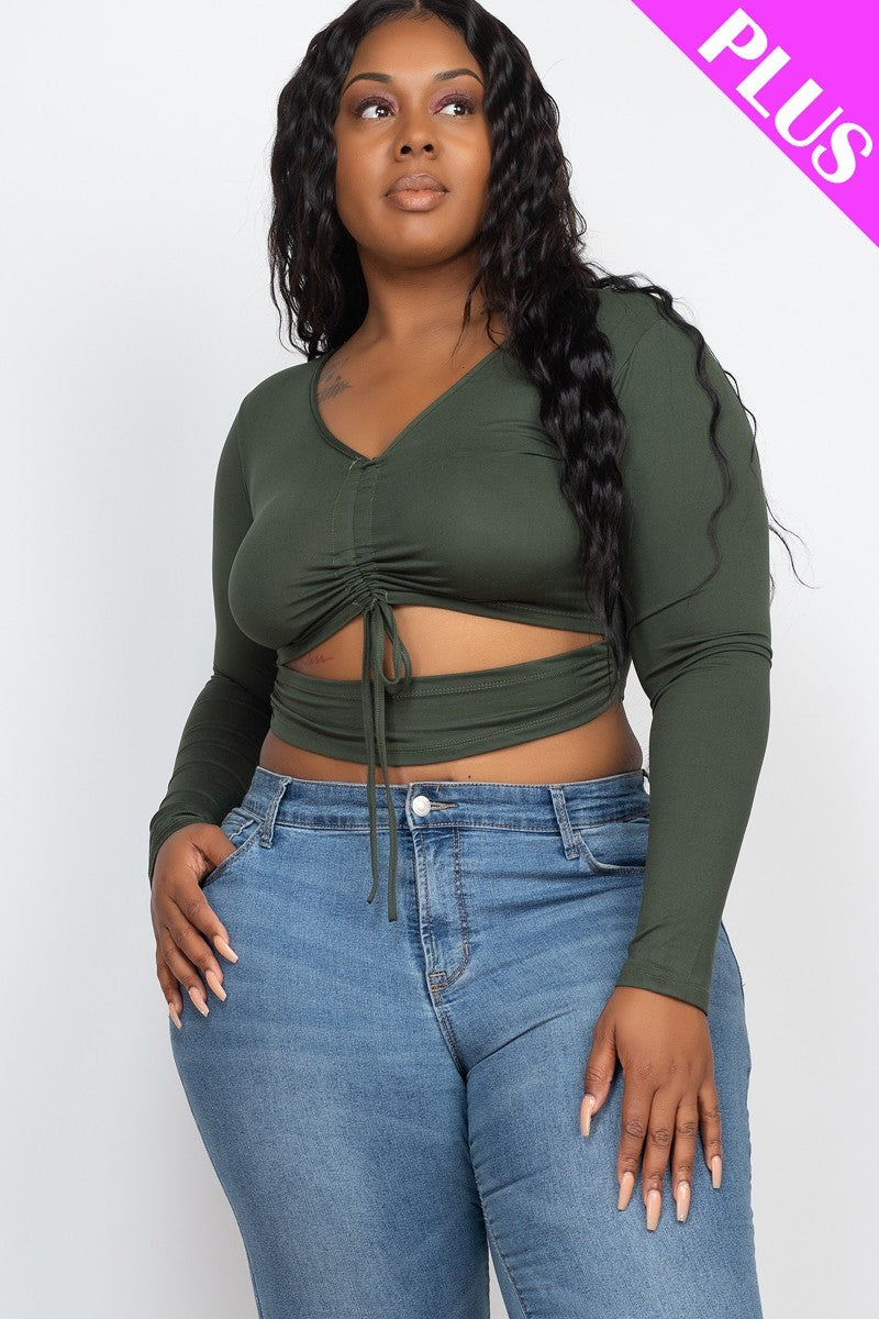 Plus Size Crop Top mit Kordelzug, gerüschtem Ausschnitt