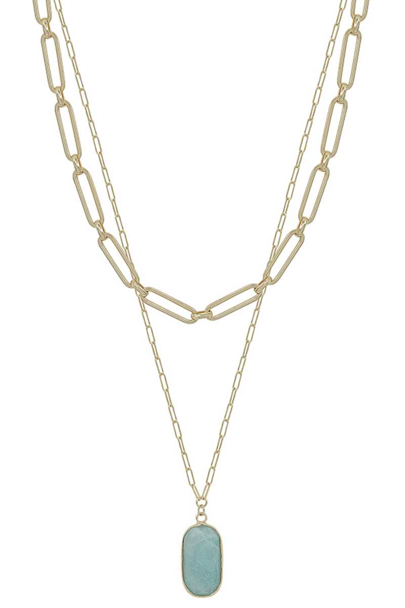 2 Layered Metal Chain Stone Pendant Necklace