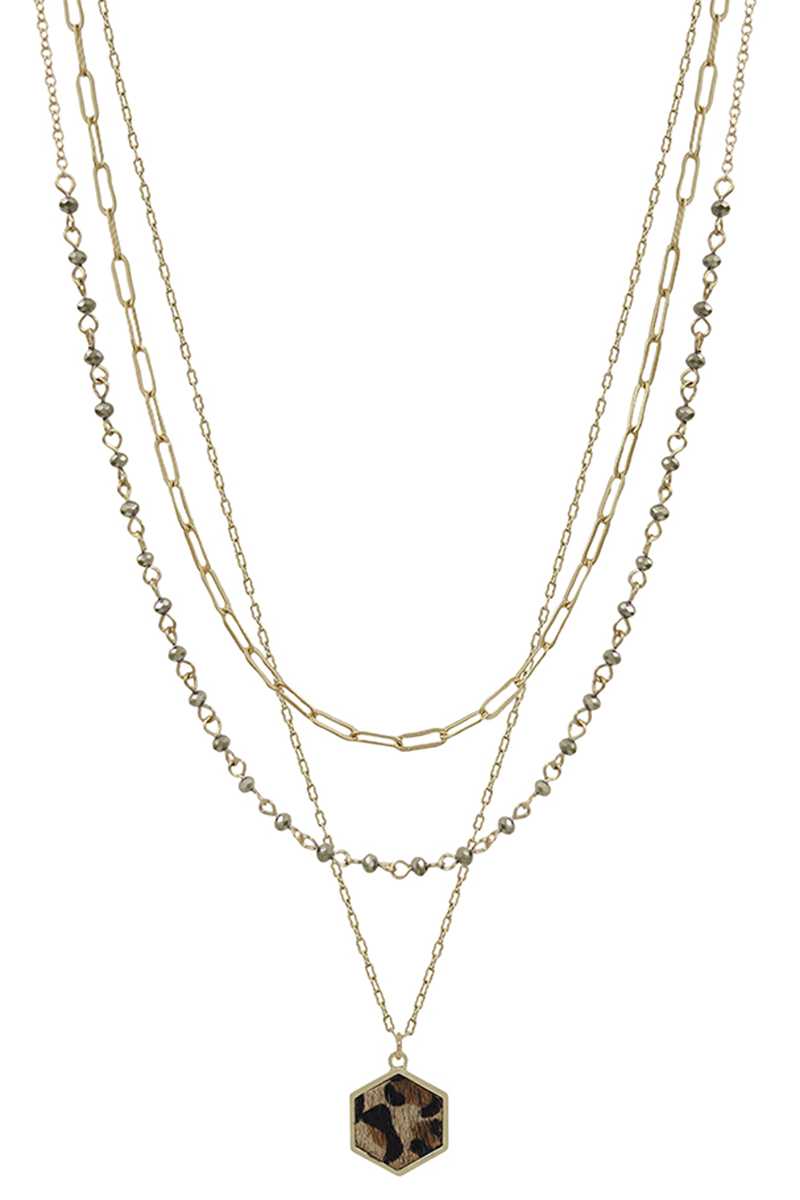 3 Layered Metal Crystal Bead Chain Hexagon Leopard Pendant Necklace