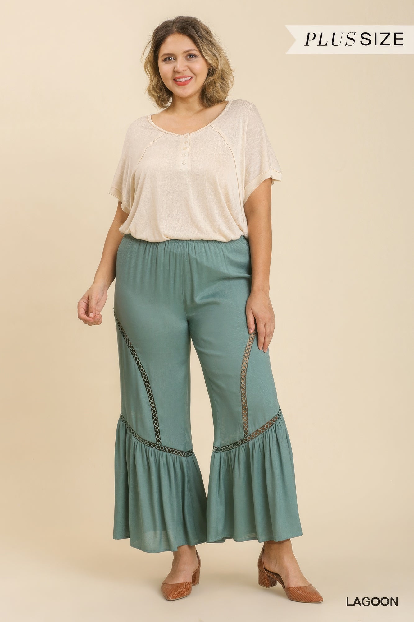 Pantalon large avec bande en dentelle et taille élastique