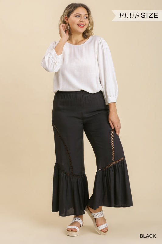 Pantalon large avec bande en dentelle et taille élastique