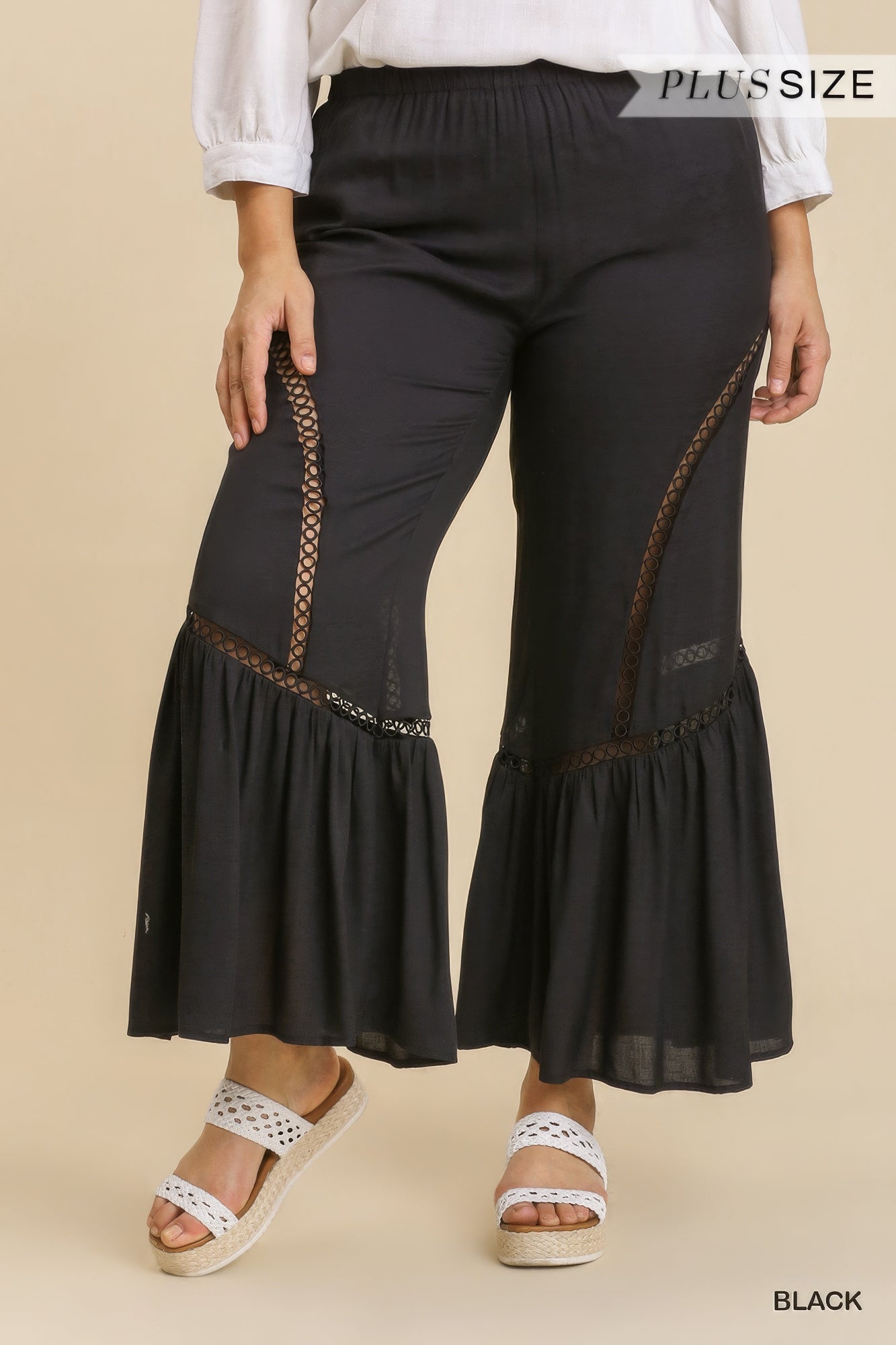 Pantalon large avec bande en dentelle et taille élastique