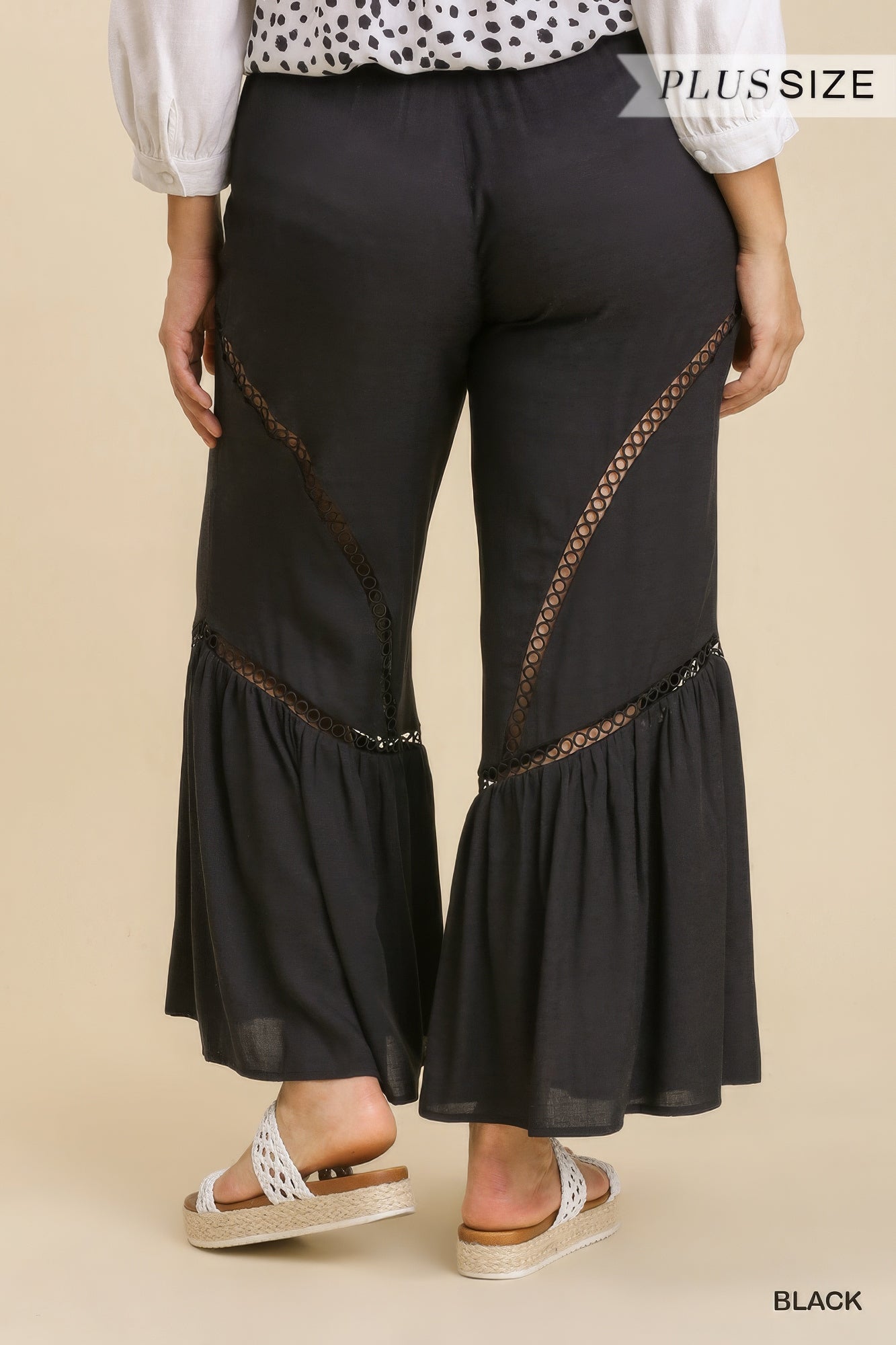 Pantalon large avec bande en dentelle et taille élastique