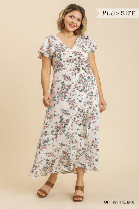 Robe longue enveloppée à imprimé floral et manches courtes à volants sans doublure