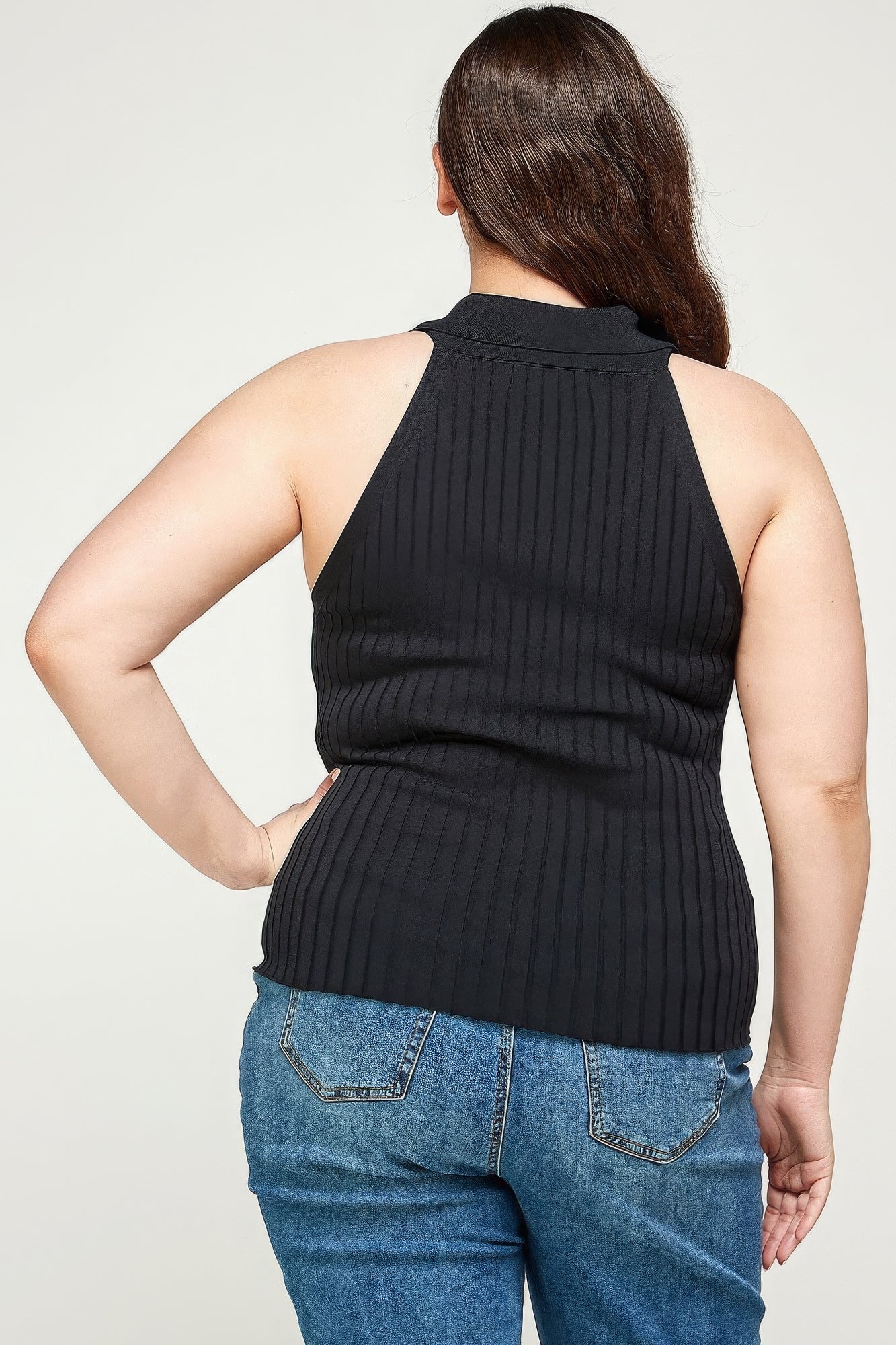 Haut sans manches polo en tricot côtelé uni de grande taille