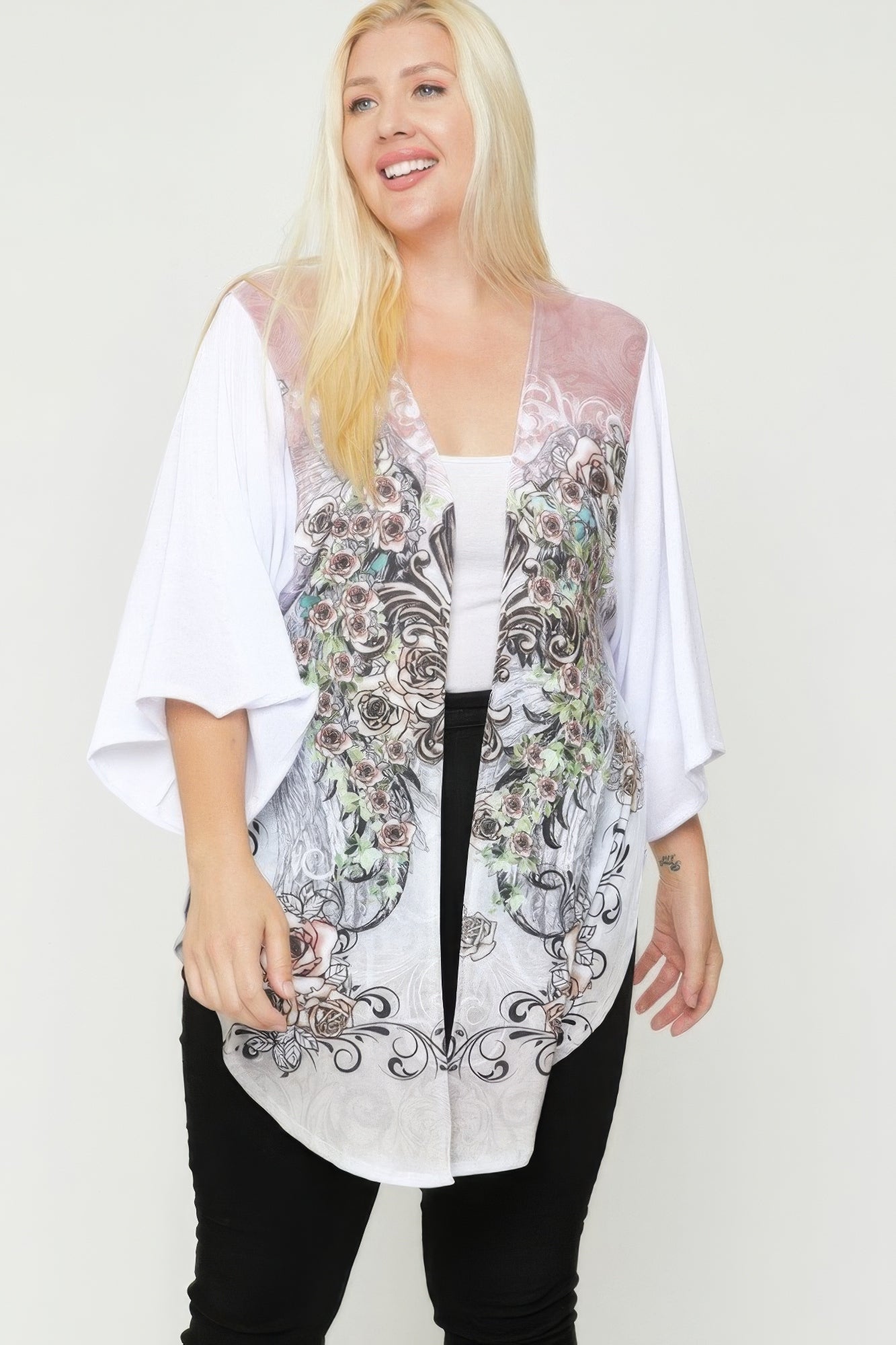 Impression de sublimation d’ailes florales, cardigan long body