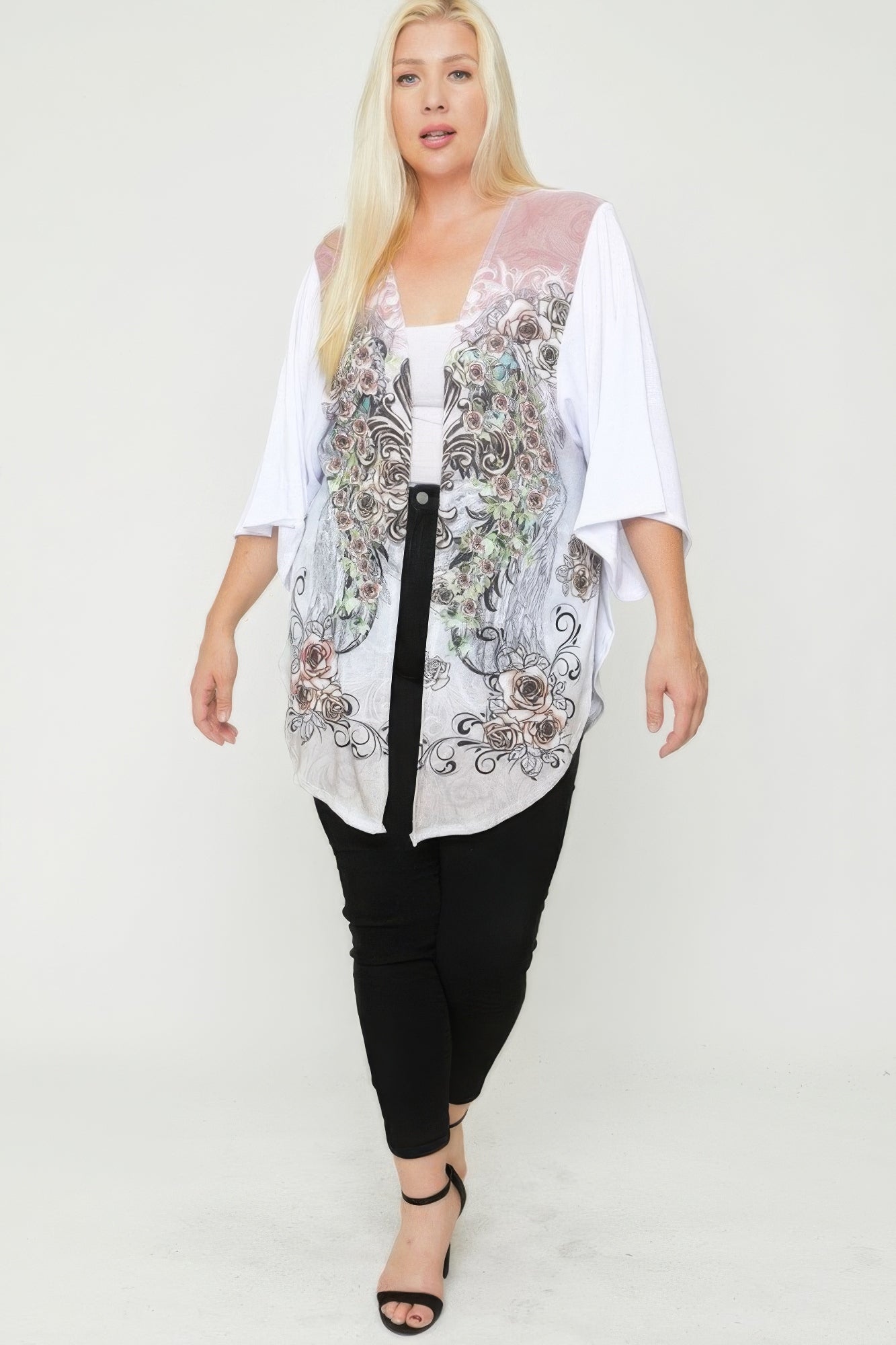 Impression de sublimation d’ailes florales, cardigan long body