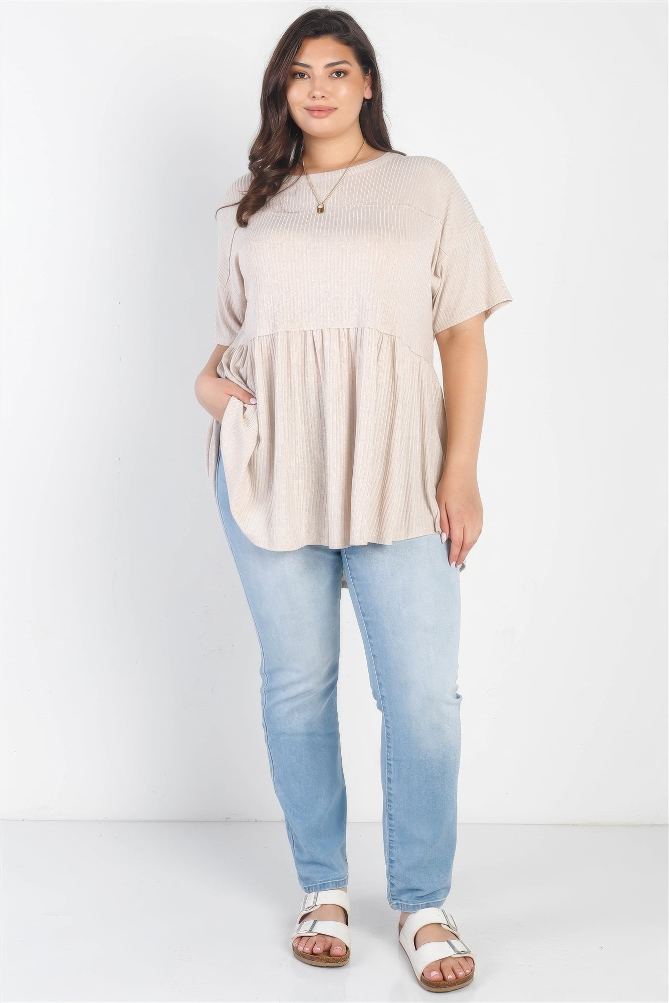 Plus Ribbed Trim Detail Short Sleeve Flare Hem Top