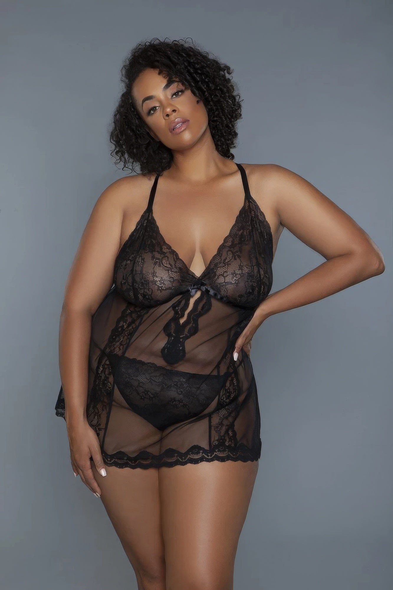 2-teiliges Babydoll mit ungefütterten Spitzen-Cups, transparentem Netzstoff und Spitzen-Frontpanels