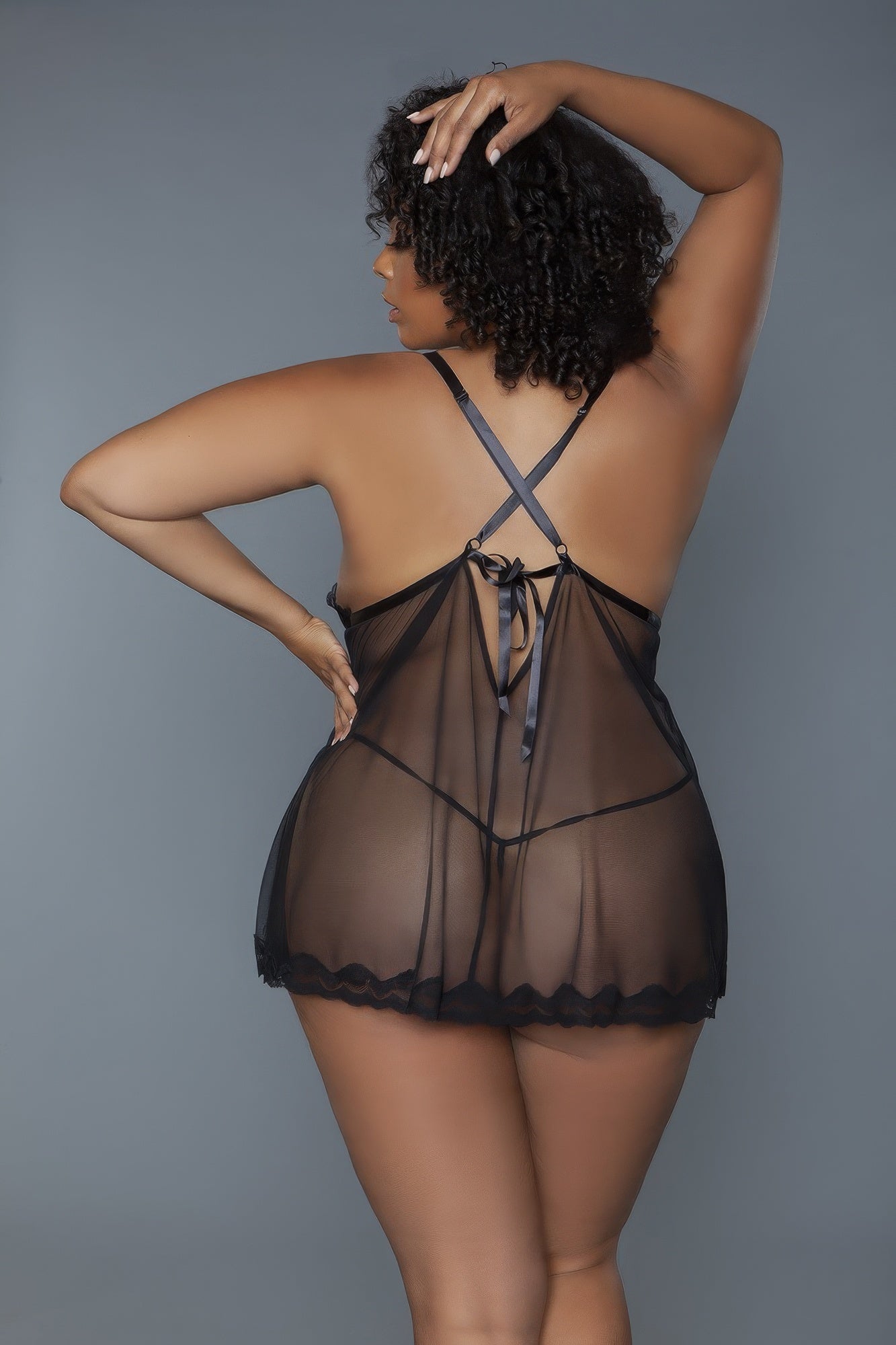 2-teiliges Babydoll mit ungefütterten Spitzen-Cups, transparentem Netzstoff und Spitzen-Frontpanels