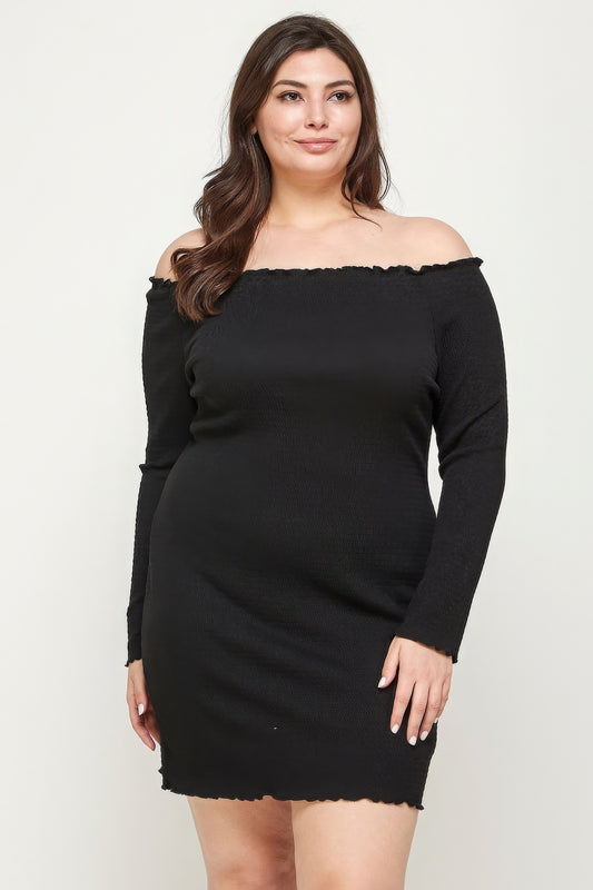 Robe unie smockée à épaules dénudées, grande taille