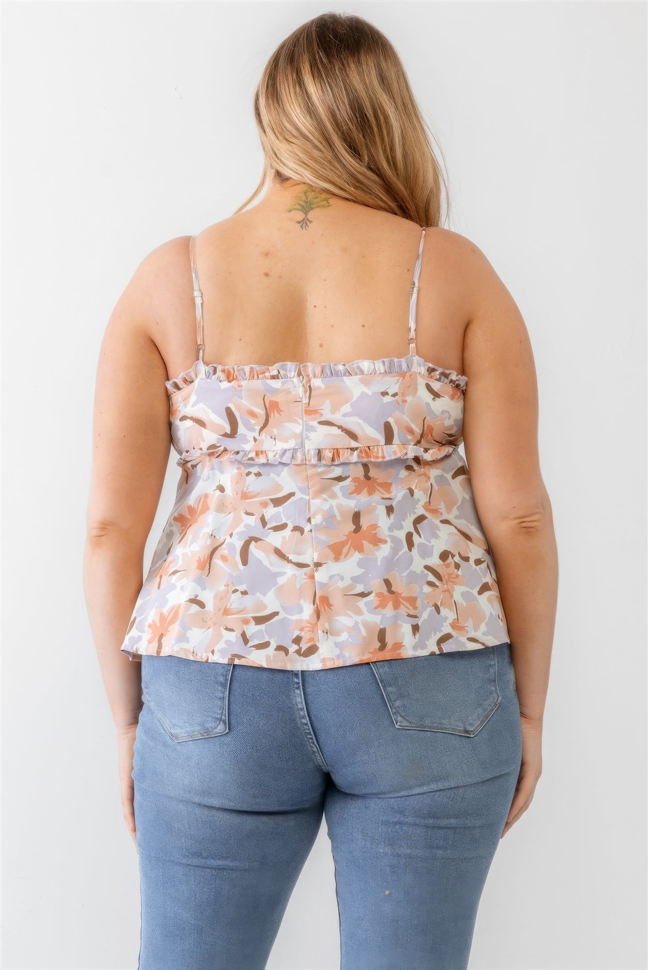 Plus Ärmelloses Tanktop mit Blumenmuster, gewebten Rüschen und Reißverschluss auf der Rückseite