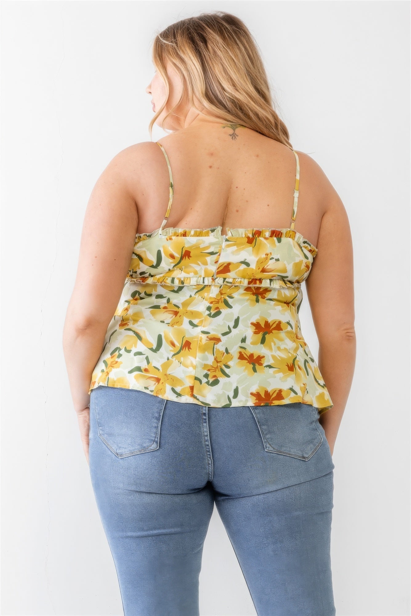 Plus Ärmelloses Tanktop mit Blumenmuster, gewebten Rüschen und Reißverschluss auf der Rückseite