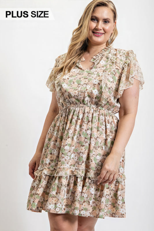 Robe à volants et imprimé floral avec taille élastique