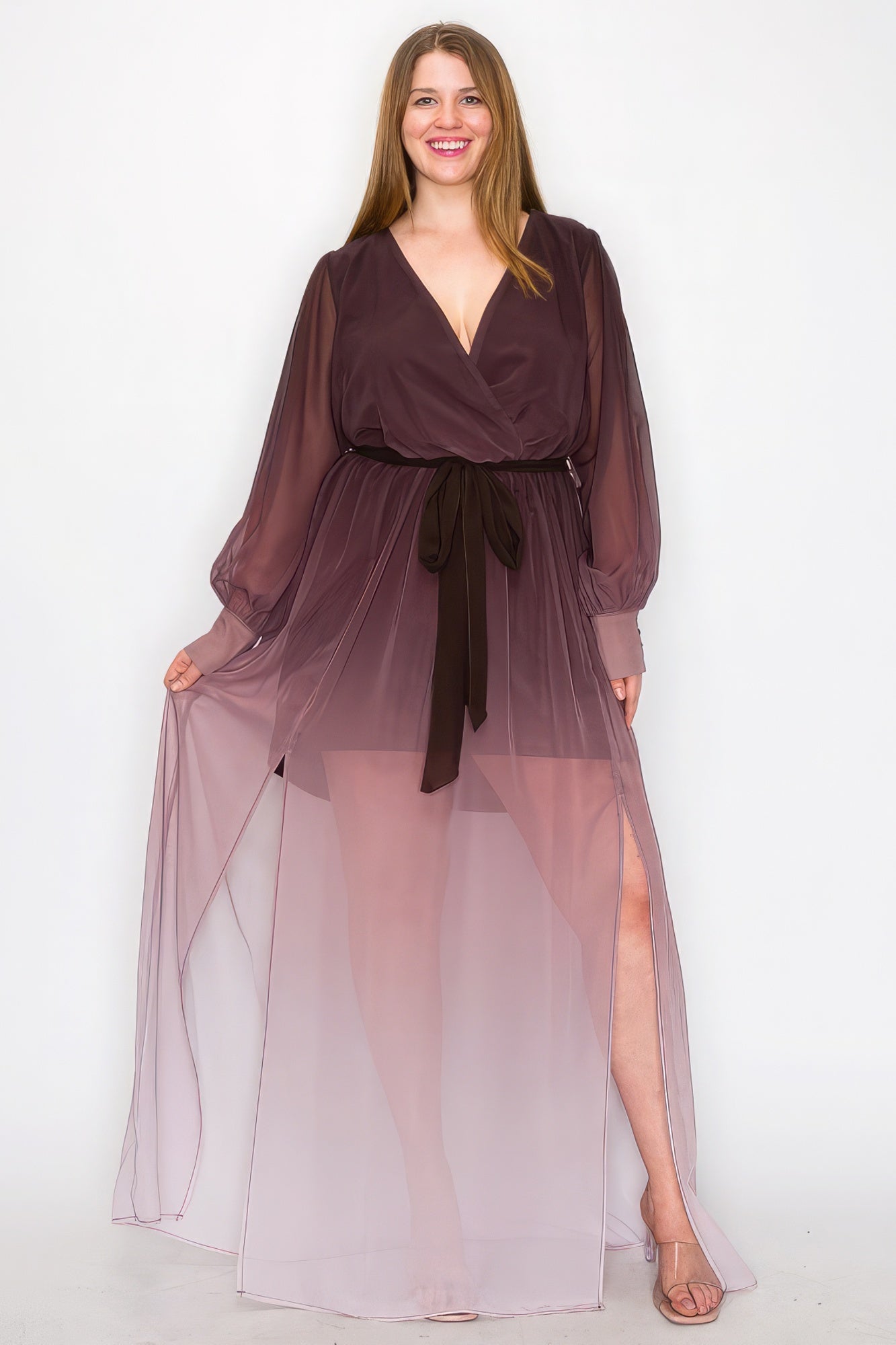 Ombré-Chiffon-Wickelkleid mit langen Ärmeln und Bindegürtel in der Taille, Schlitz vorne