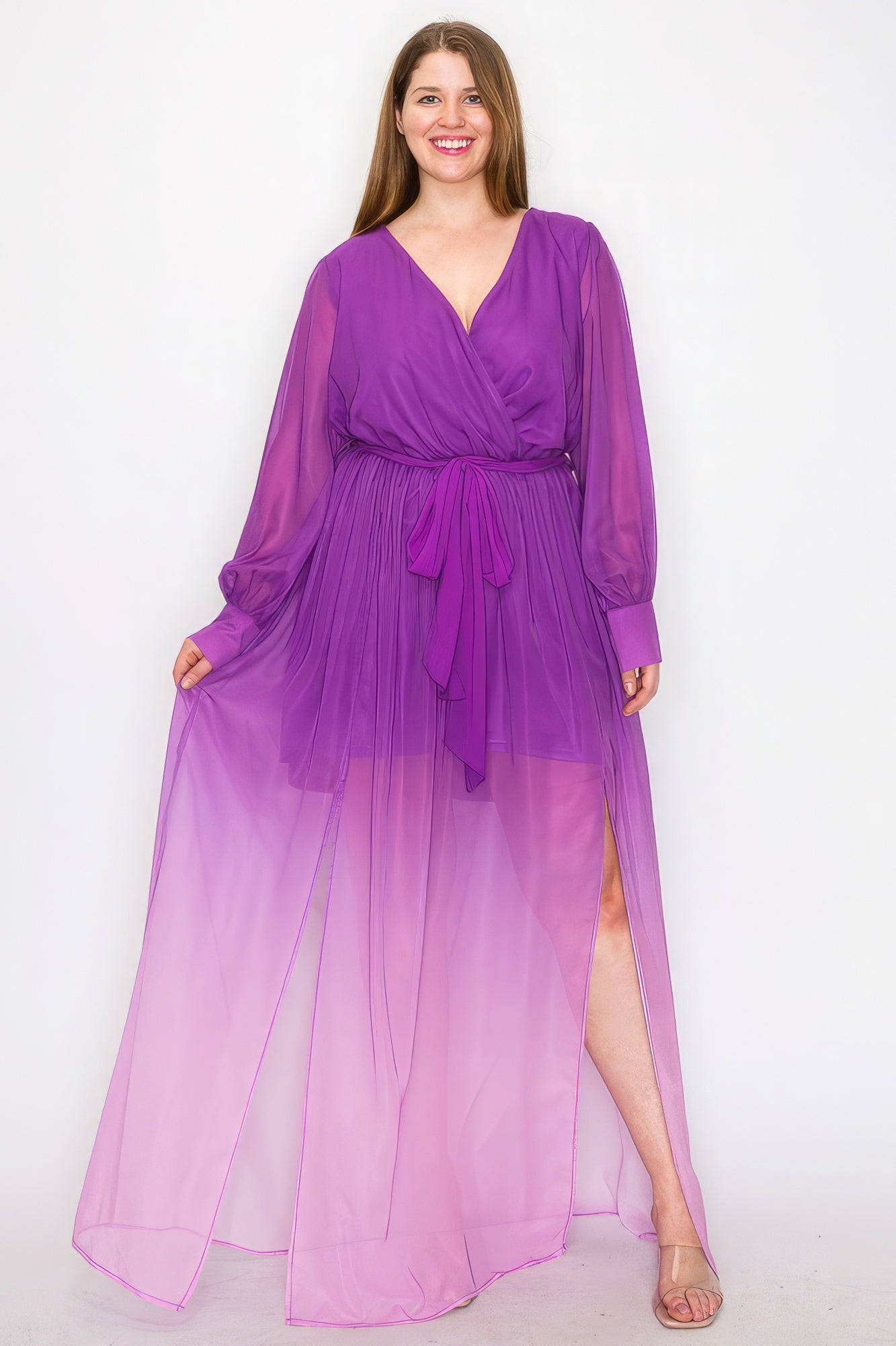 Ombré-Chiffon-Wickelkleid mit langen Ärmeln und Bindegürtel in der Taille, Schlitz vorne