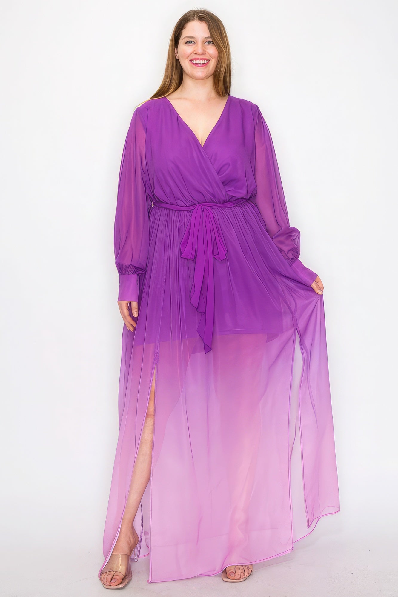 Ombré-Chiffon-Wickelkleid mit langen Ärmeln und Bindegürtel in der Taille, Schlitz vorne