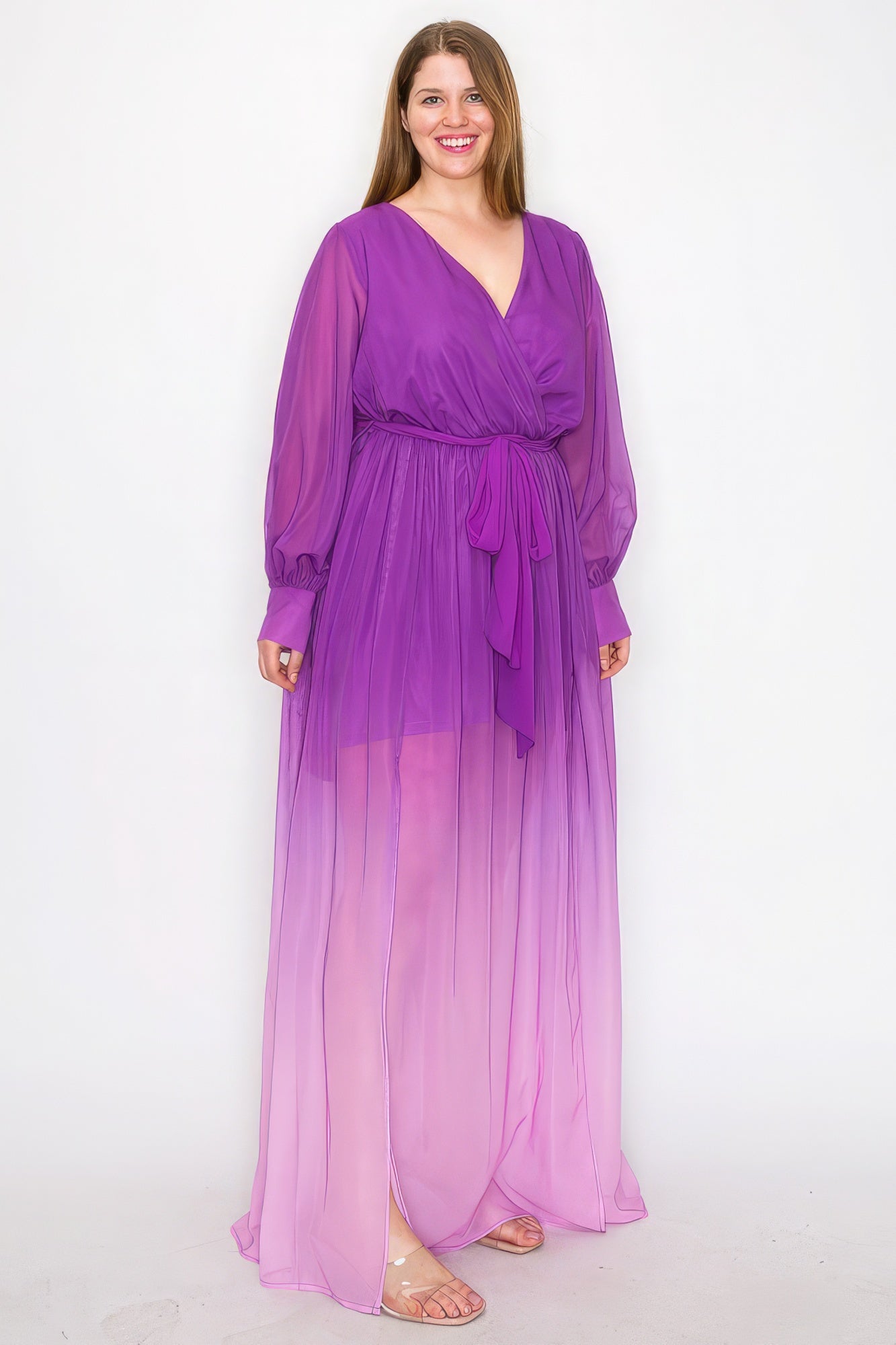 Ombré-Chiffon-Wickelkleid mit langen Ärmeln und Bindegürtel in der Taille, Schlitz vorne