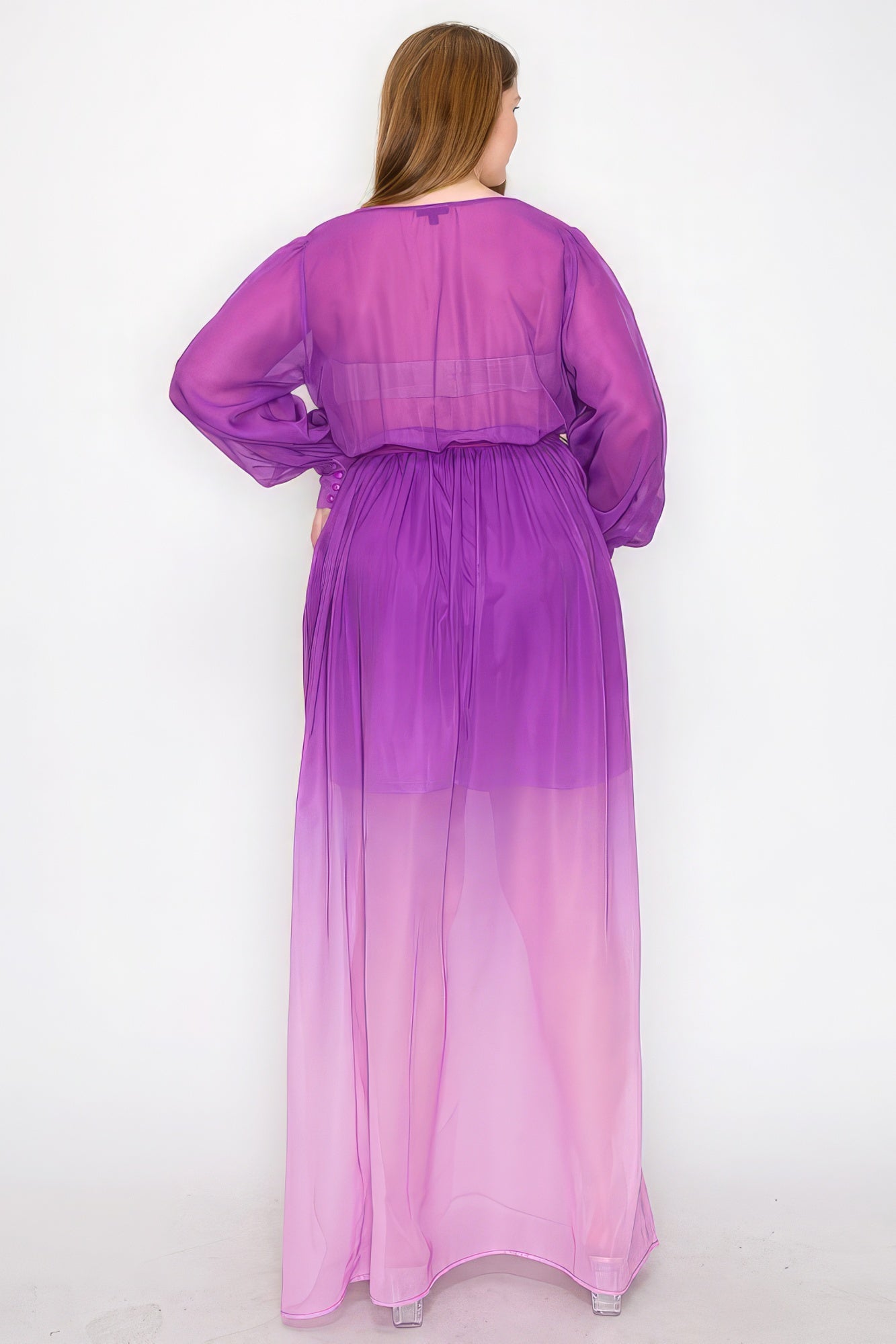 Ombré-Chiffon-Wickelkleid mit langen Ärmeln und Bindegürtel in der Taille, Schlitz vorne