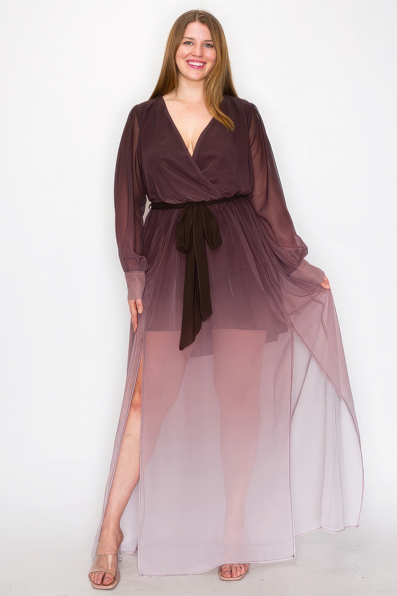 Ombré-Chiffon-Wickelkleid mit langen Ärmeln und Bindegürtel in der Taille, Schlitz vorne