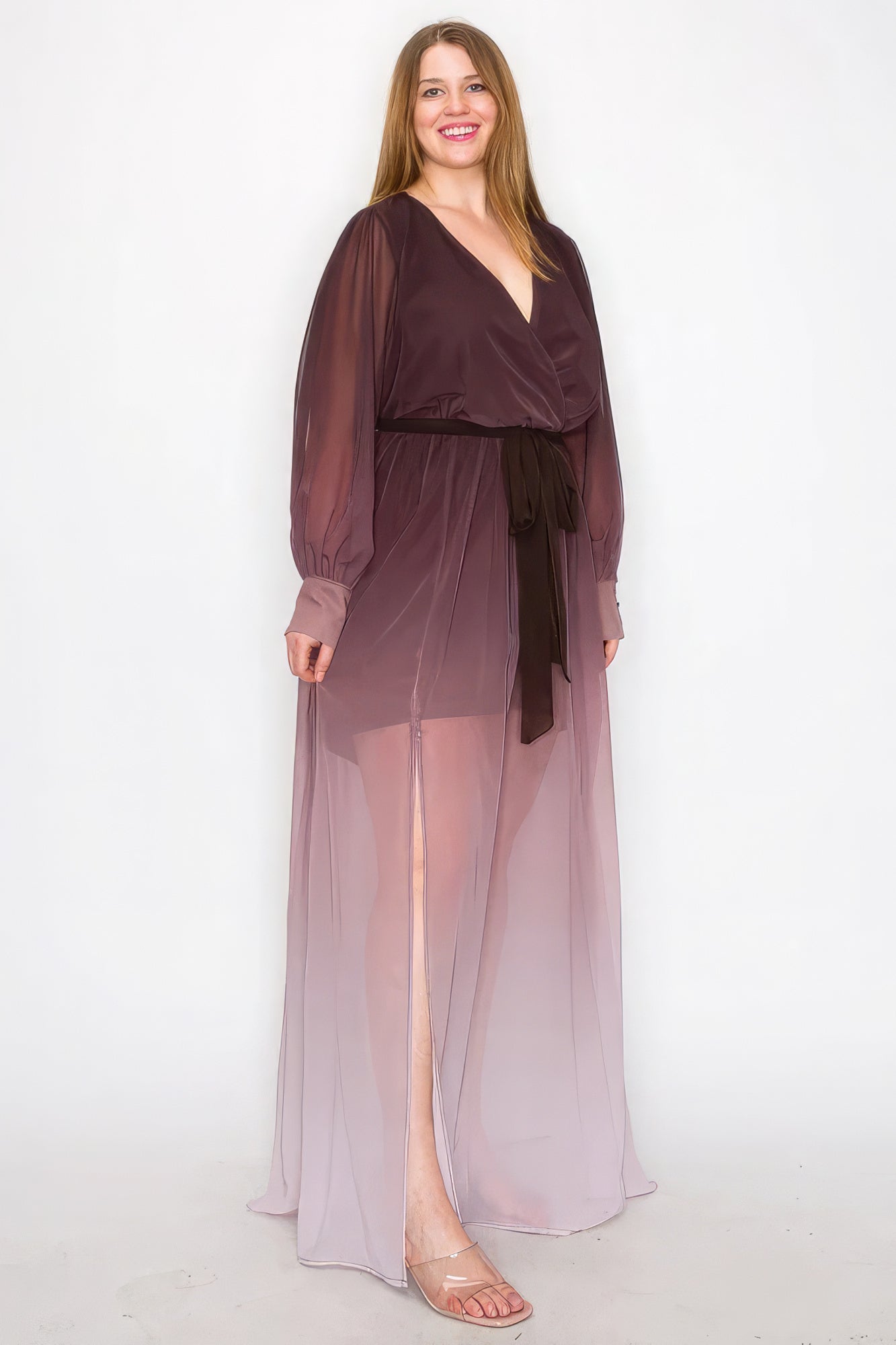 Ombré-Chiffon-Wickelkleid mit langen Ärmeln und Bindegürtel in der Taille, Schlitz vorne