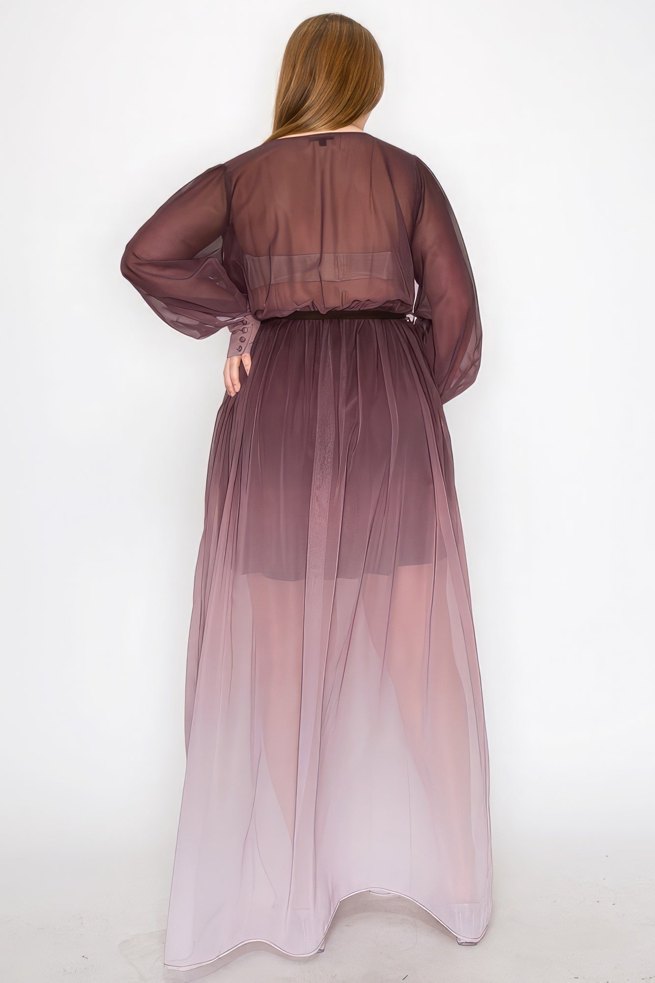 Ombré-Chiffon-Wickelkleid mit langen Ärmeln und Bindegürtel in der Taille, Schlitz vorne