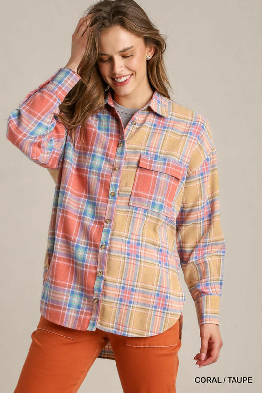 Mixed Plaid Boxy Cut Button Down Flannel With Front Pocket.