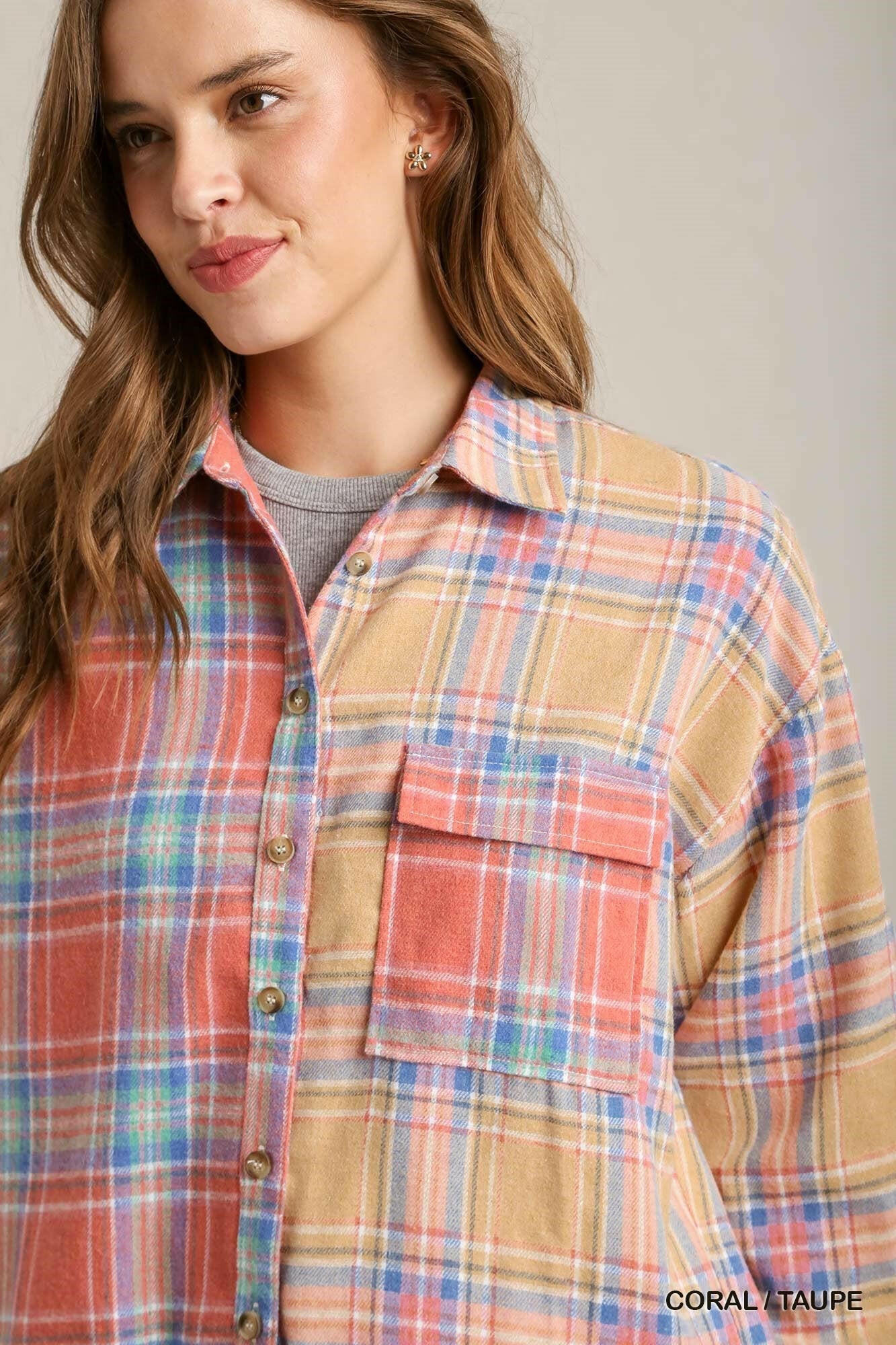 Mixed Plaid Boxy Cut Button Down Flannel With Front Pocket.