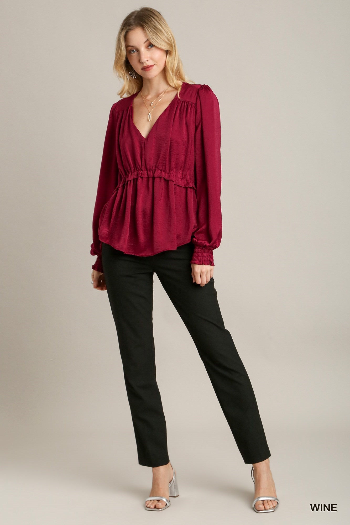 Satin V-neck Ruffle Baby Doll Top With Cuffed Long Sleeve.