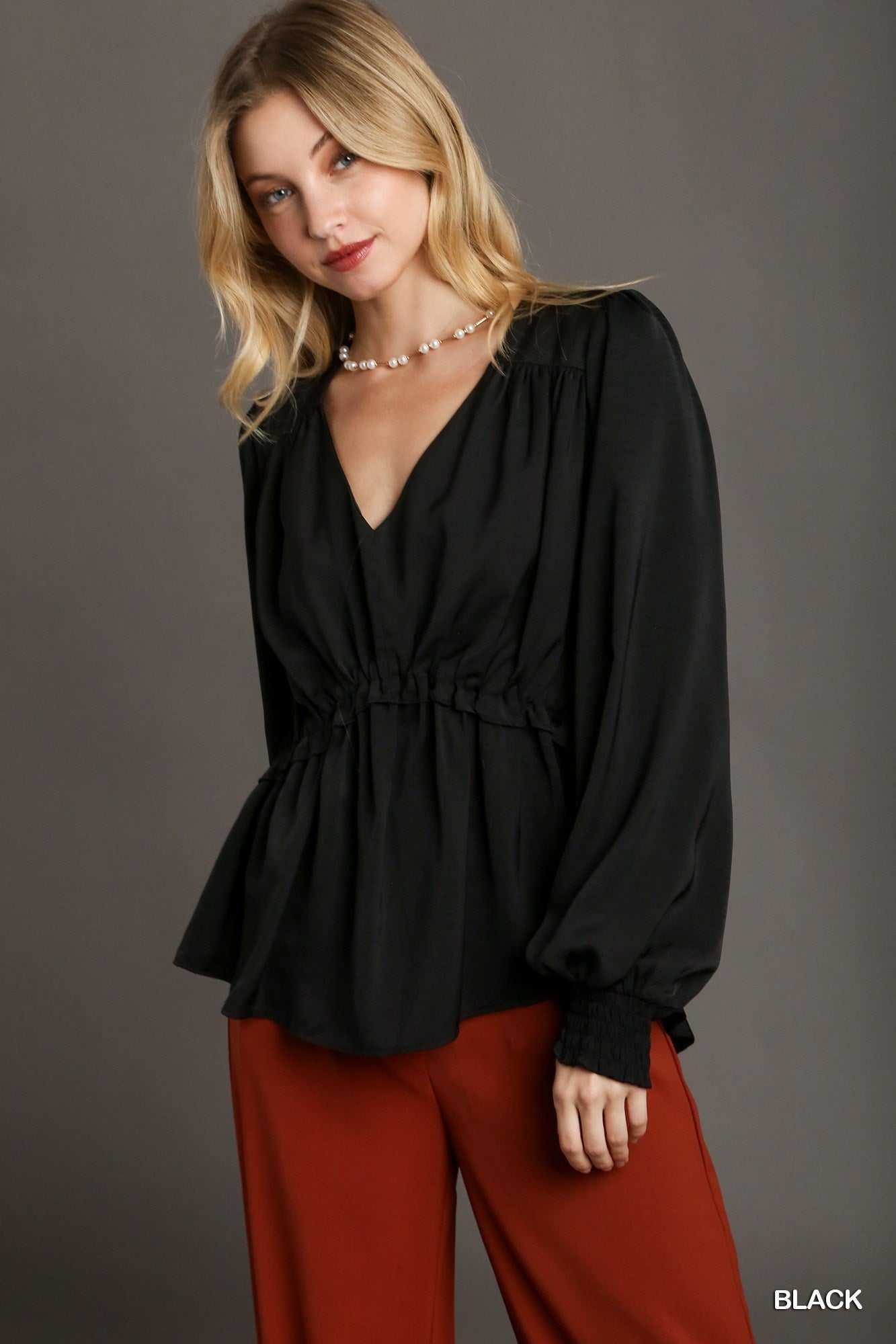 Satin V-neck Ruffle Baby Doll Top With Cuffed Long Sleeve.