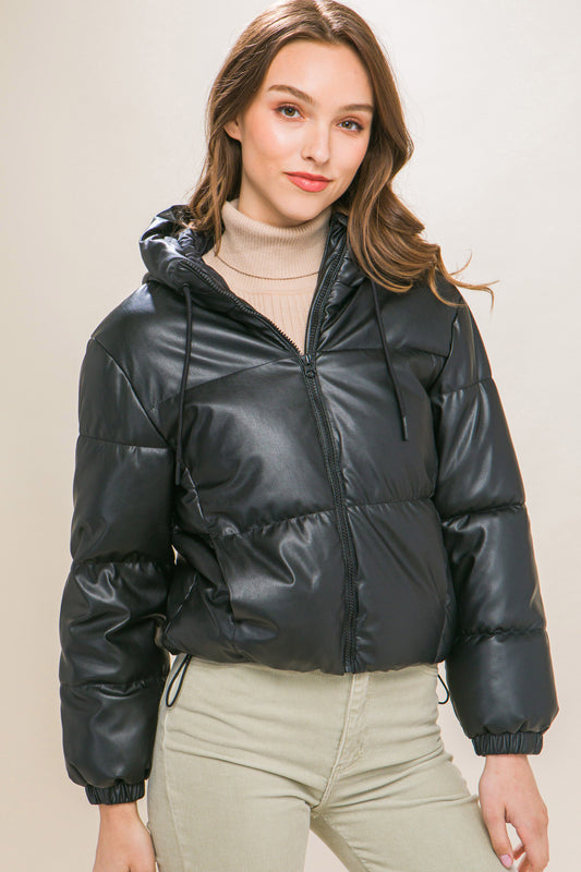 Pu Faux Leather Zipper Hooded Puffer Jacket.