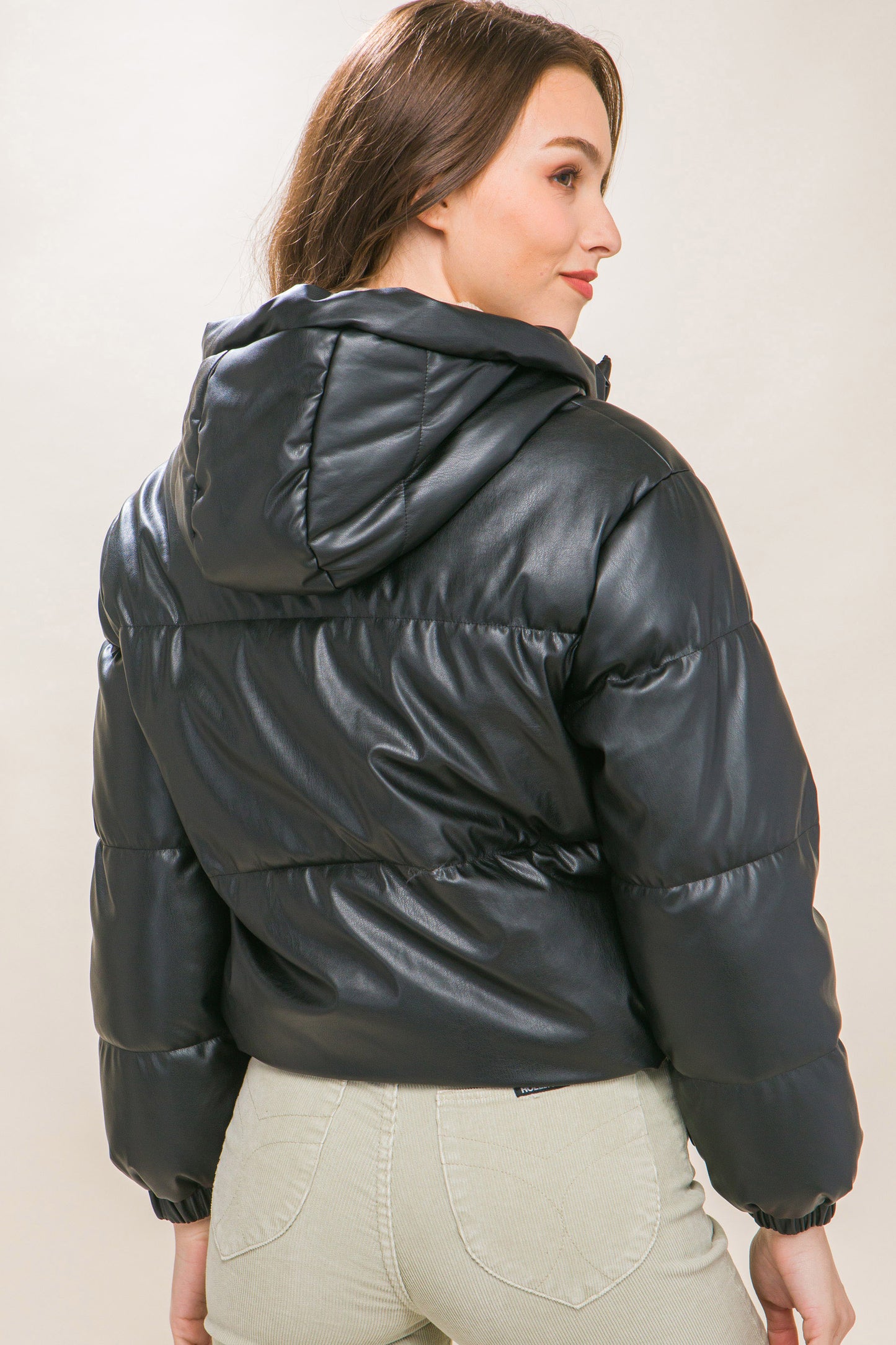Pu Faux Leather Zipper Hooded Puffer Jacket.