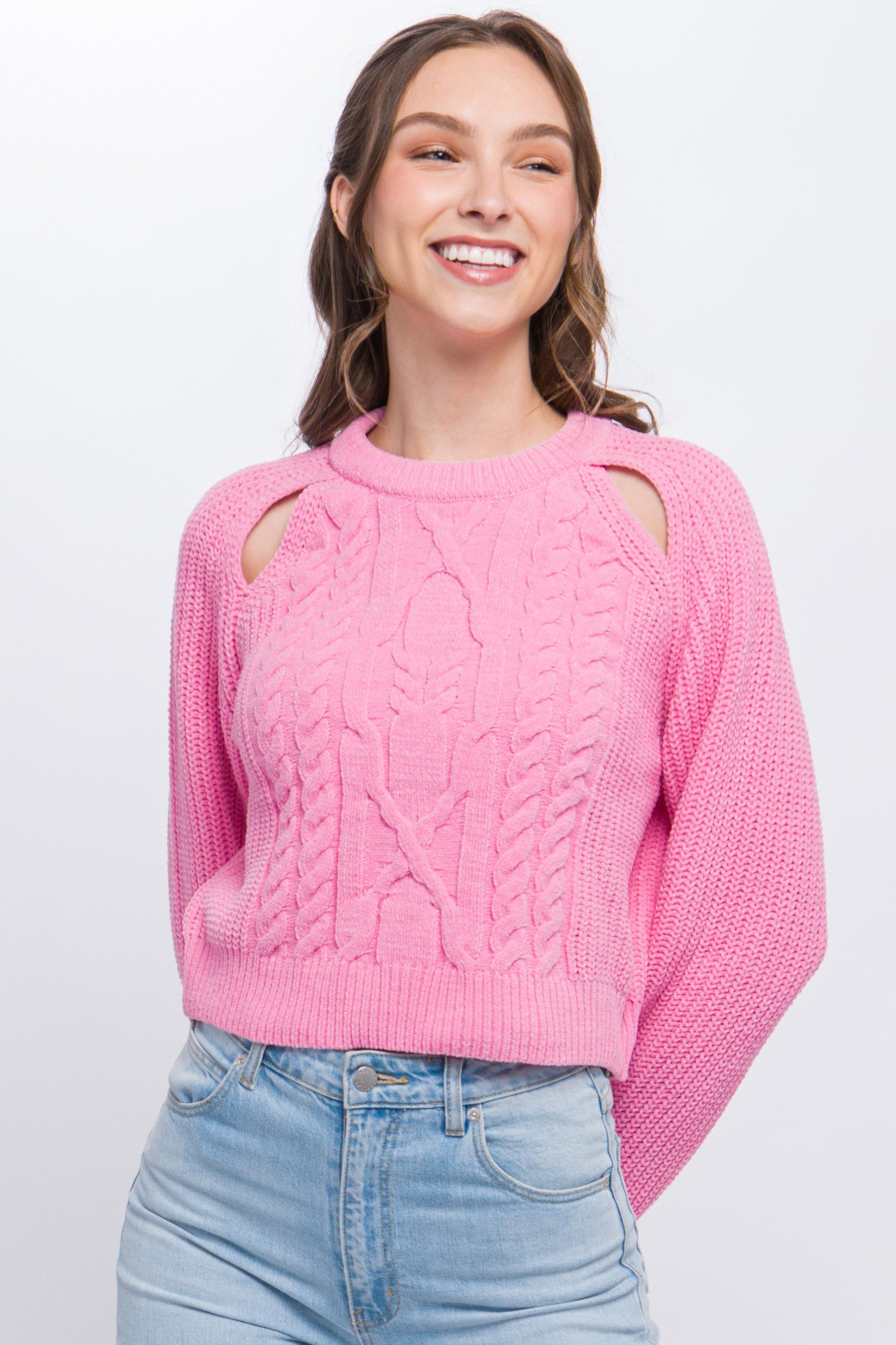 Knit Pullover Sweater With Cold Shoulder Detail.