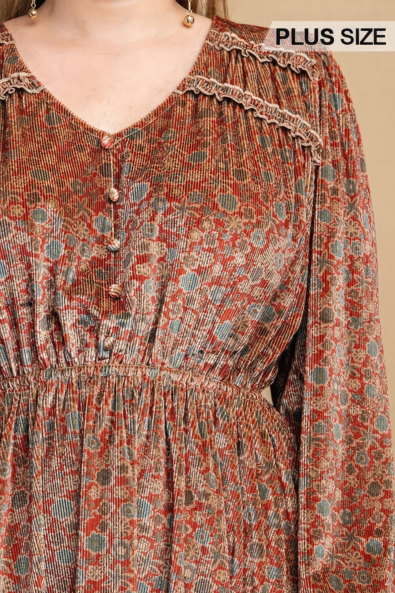 Printed Velvet V-neck Dress With Button Front Detail.
