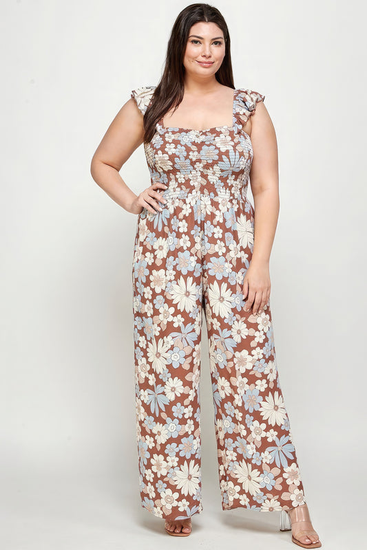 Floral Print Smocked Jumpsuit.