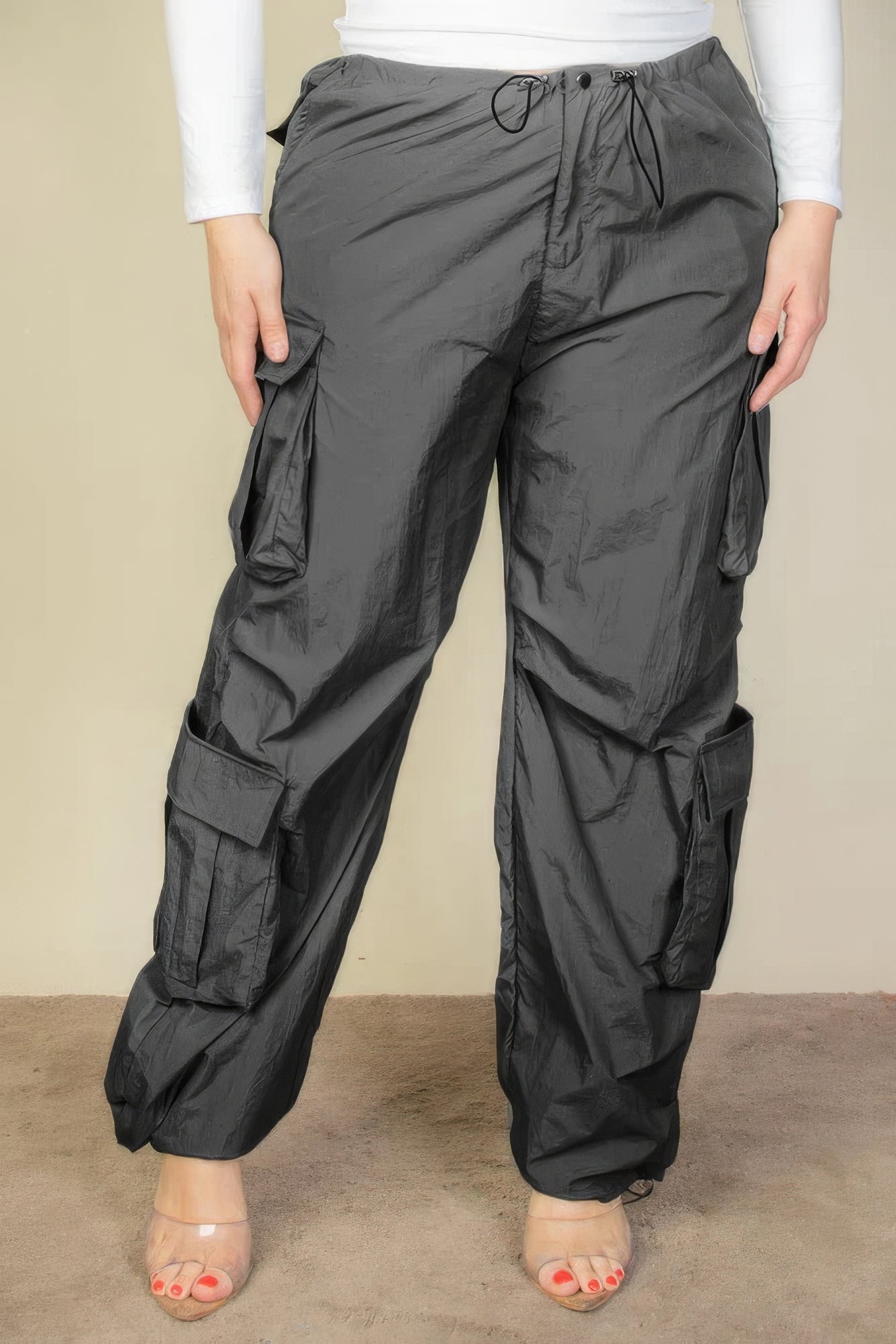 Pantalon Parachute Froncé avec Poches à Rabat et Cordon de Grande Taille