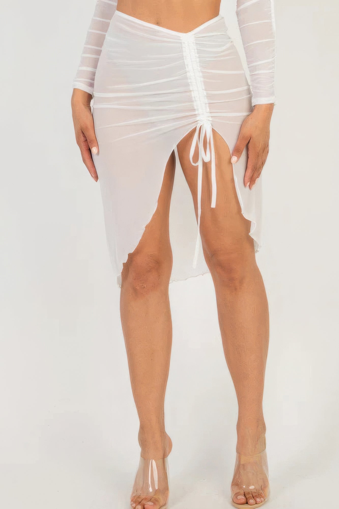 Sexy Sheer Mesh Drawstring Ruched Skirt