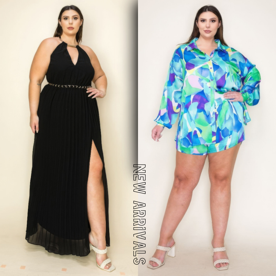 Two plus size women modelling outfits