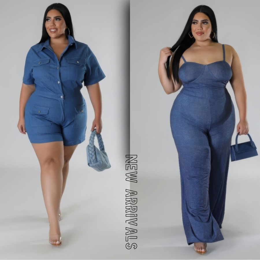 A female plus size model shown wearing a blue outfit in two images