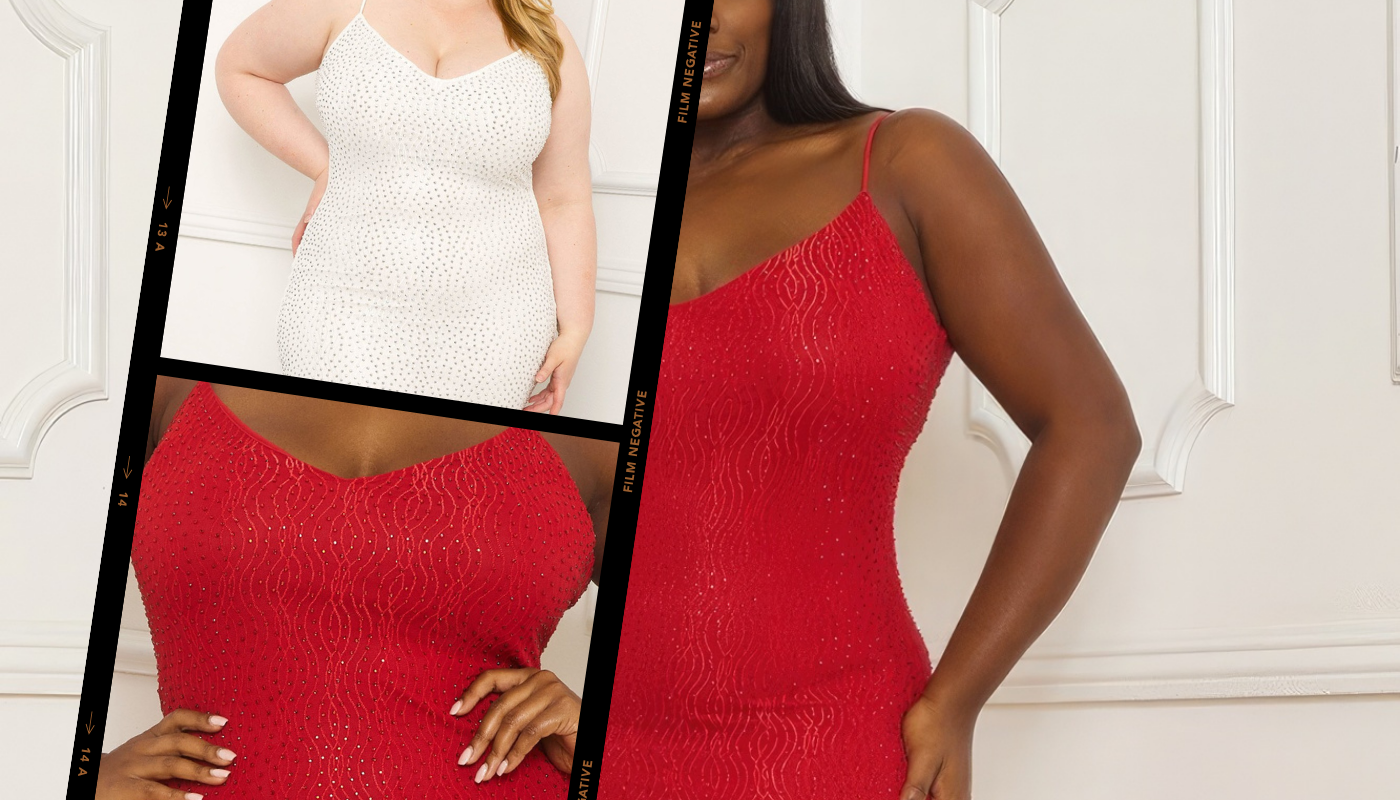 Two women modelling plus size clothing. One is wearing a white dress, the other a red dress. 